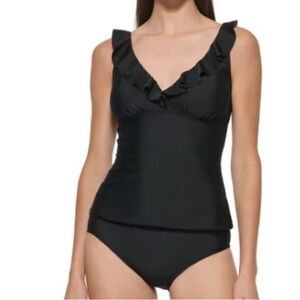 DKNY 2 Piece Ruffle Tankini Swimsuit In Black XXL